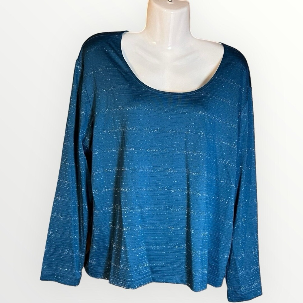 Chicos Sparkle top Teal Blue knit metallic stripes Sz 3 Or XL Pullover Sparkle - Picture 3 of 11